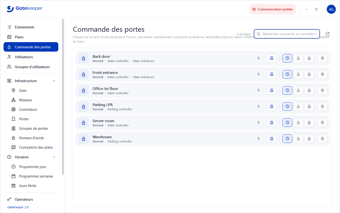 Page Commande des portes