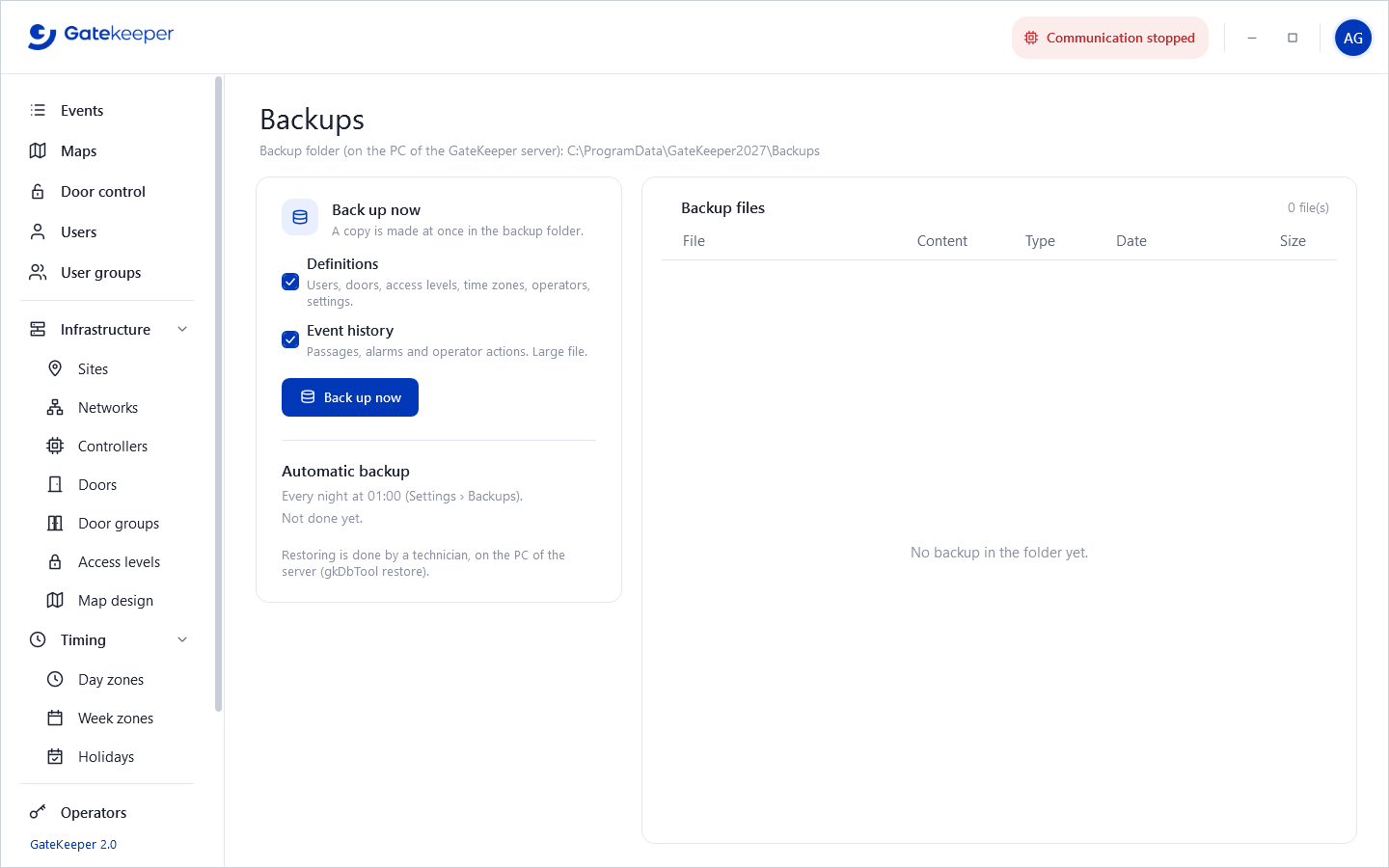 Backups page