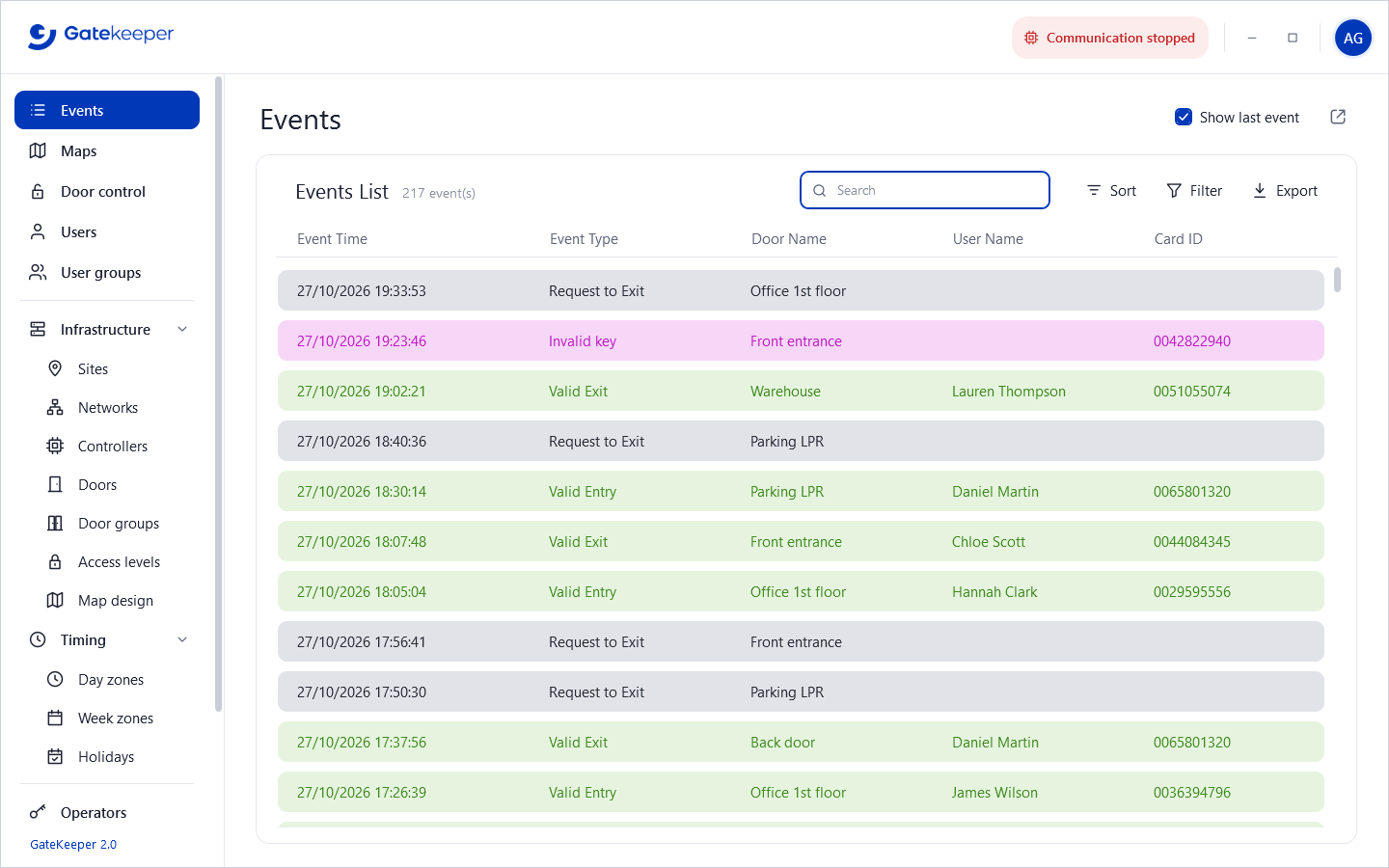 Main window of GateKeeper 2027 with the Events page