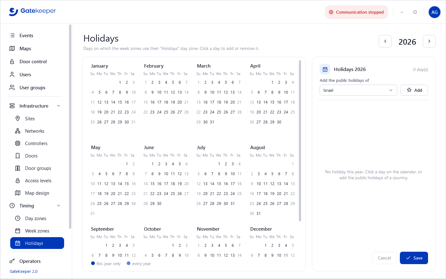 Holidays calendar