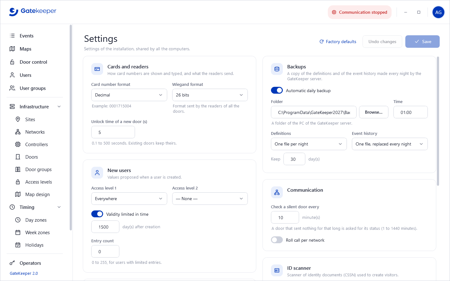 Settings page